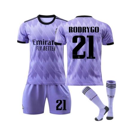 ( Real Madrid 2022/23 Borttaröja Rodrygo No.21 Fotbollströja 3-delade kit för barn Vuxna Svart Grå 43