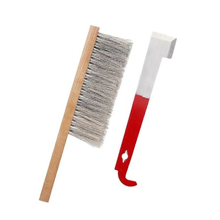 Bikubeværktøj til biavl - J-krog & naturlig hestehårsbørste, bikubebørste, birammeløfter og skraber