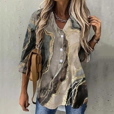 Damblusskjorta Khaki Flower Button Print Lon XXXL
