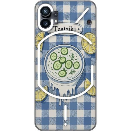 Kompatibelt Mobilskal till Nothing Nothing Phone (1) Grekisk tzatzikiskål illustration, gurka citron dill blått rutigt mönster, köksplansch design