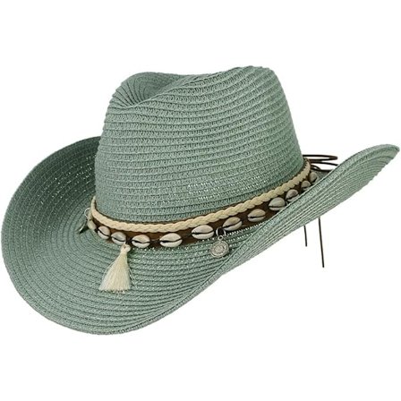 Dame Sommer Halm Cowboy Cowgirl Hatt Solhatter Bred Skygge Strand Ferie Halmhatt med Skjellbånd