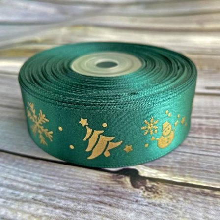 *Jule Satinbånd Bånd Trykt med Gyldent Juletræ*