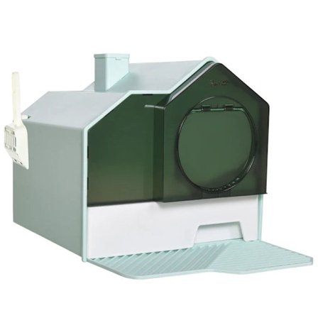 Rootz Cat kattlåda - Hut Design - 1 sil - 1 ströskopa - Avtagbar bottenlåda - Plast - ABS - Grön - Vit - 47L x 45W x 42H cm