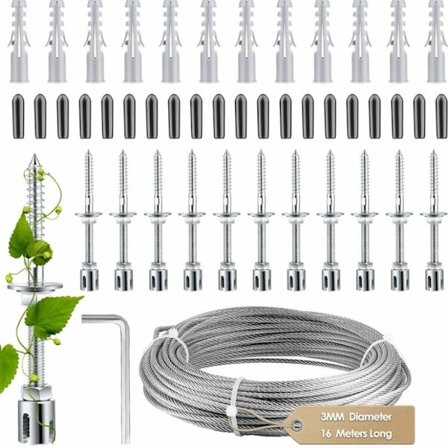 Wire Espalier til Klatreplanter Udendørs, Væg Wire Espalier Kit med 1/8in x 16M Rustfrit Stål Kabel, til Hegn og Have DIY Projekter