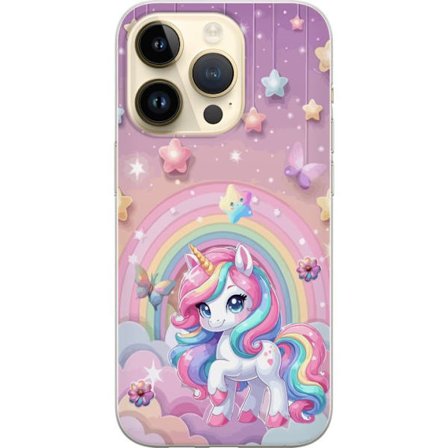 Kompatibel Mobilcover til Apple iPhone 14 Pro Magisk enhjørning med regnbue manke, stjerner og sommerfugle mod en pastelfarvet himmel med skyer