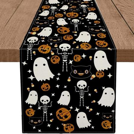 Halloween Bordløber 72 Tommer Lang, Skelet Burlap Halloween Borddekoration, Vintage Cool Skull Crow Raven Halloween Dekoration