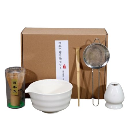 Hvitt keramisk tesett med Matcha-bolle, vispholder og visp, 5-delt sett - XF6[JSR]