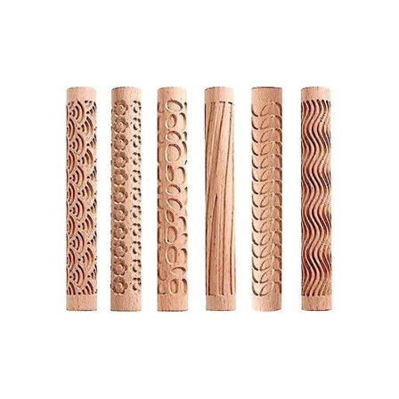 Set med 6 Trä Lera Modellering Mönster Roller Kit, Lera Kavel Texturerad Hand Roller Trähandtag
