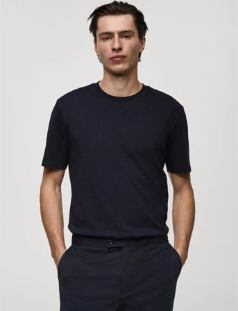 Mango Medium Weight Regular Fit T-Shirt - Navy - L