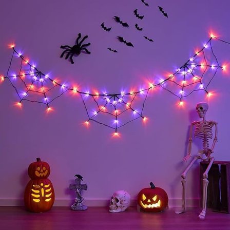 Halloween Spindelnät 1,8 m LED-ljusslinga 70 LED Batteri/USB med Timer för Inomhus- och Utomhusdekoration