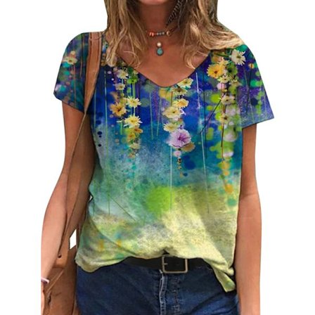 T-shirt med print sommar för damer som andas och är mjuk Blue 3XL