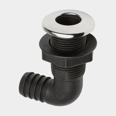 Passascafo per tubo con cappuccio in acciaio inossidabile, plastica, angolato 90°, bombato, G 1 1/4" (BSP) per tubo da 38 mm (1 1/2"), nero