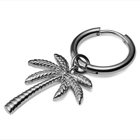 Srebrzysty tytanowy wiszący kolczyk kółeczko z zawieszką drzewo palmowe dla mężczyzn