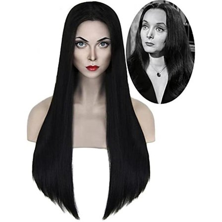Halloween Fest Rekvisitter Morticia Addams Cosplay Langt Glat Sort Hår Parykker Gaver