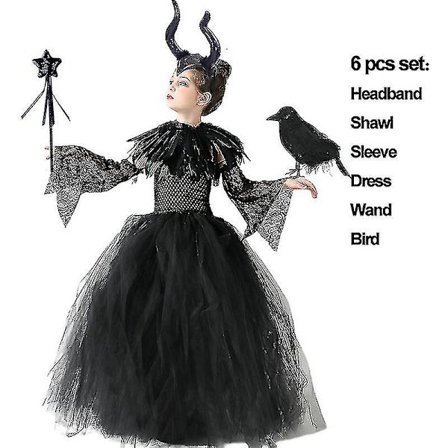 * Halloween Costume Maleficent Tutu Klänning För tjejer Cosplay Evil Queen Black Mesh Princess Dress Kids Crow Wand Maleficent