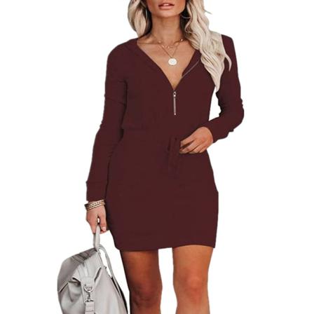 Kvinnor Zip V-hals Bodycon Klänning Dam Långärmad Hooded Casual