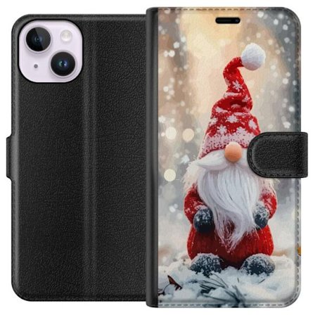 Kompatibelt Lommeboketui til Apple iPhone 15 Søt rød nissefigur med snø og glitrende vinterbakgrunn koselig motiv perfekt for nordisk juletema og deko