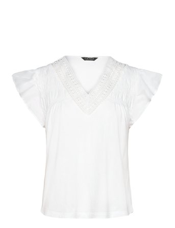 Lauren Ralph Lauren Lace-Trim Jersey Flutter-Sleeve Tee - White - XS