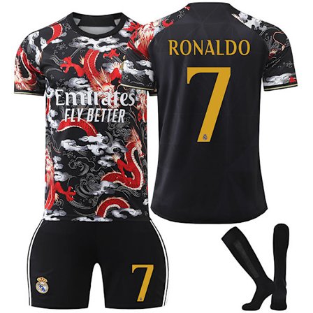 25-26 Real Madrid CF Drakemønster Spesialutgave NO.7 RONALDO Drakter Sett Barn Voksen Fotballutstyr med Sokker NO.7 CR7