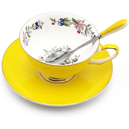 3-delt benporselen kopp og skålsett med skje Vintage porselen kaffekoppsett, Blomster tekoppsett med gullkant og gaveeske, 7,1oz. Gul