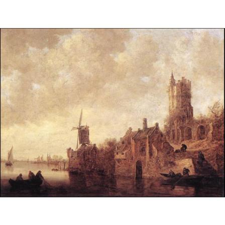 River Landscape With Windmill, Ruined Castle, Jan Van Goyen Brun