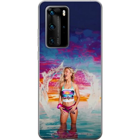 Kompatibel Mobilcover til Huawei P40 Pro Blond kvinde i farverigt strandtøj, der leger i havet ved solnedgang