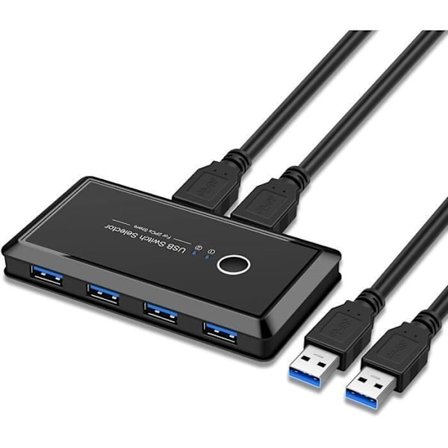 USB 3.0-bryter med 2 innganger og 4 utganger for deling av eksterne enheter mellom 2 PC-er - Svart