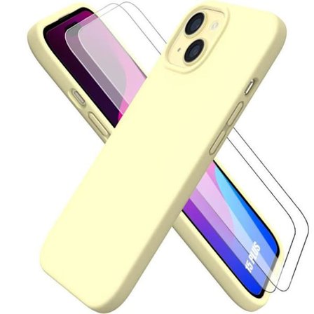 Fodral för iPhone 15 Plus med 2 härdade glasögon, Ultra Slim Flytande Silikonskydd Gul