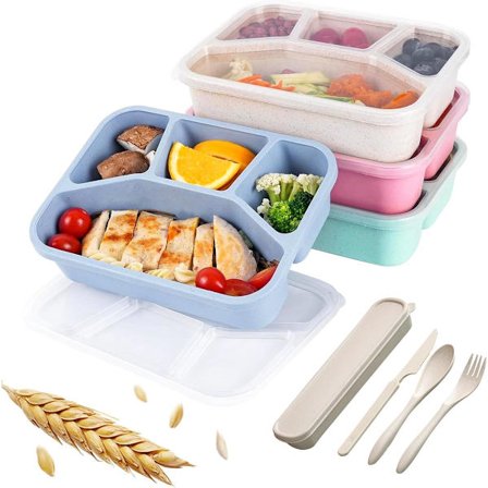 Fire-delt BPA-fri matboks med fem rom, inkluderer skje og gaffel, porsjonskontroll, gjenbrukbar for skole, jobb og piknik, stablebar, kompakt