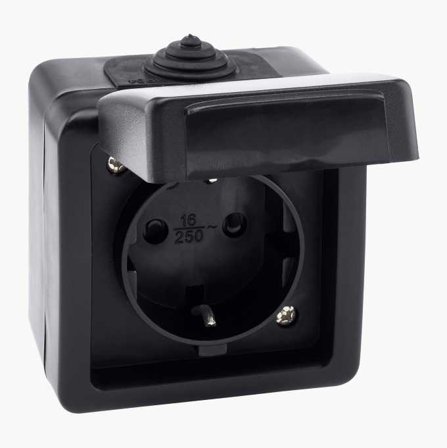 Biltema - Stikkontakt for utendørs bruk enkel sort