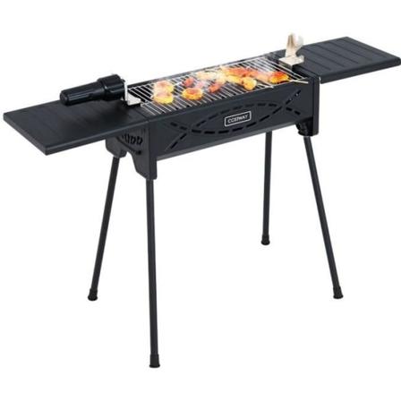 COSTWAY utomhusgrill med träkol - elektrisk stekgaffel - 2 matlagningsgaller - sidobrickor, avtagbara fötter