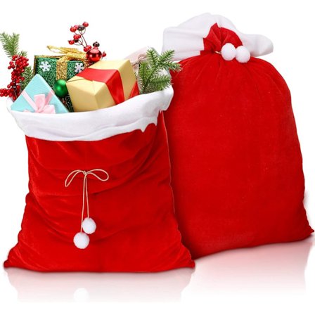 2 stk. røde julesækker i fløjl med snoretræk