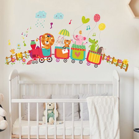 Dyr, der kører tog og skyer Børns vægklistermærker, løve