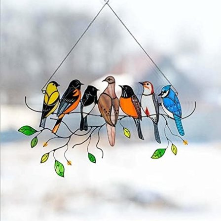 Fugler på en tråd - Farget glassvinduhengende panel - Fuglepynt Fugler for vindus hjemmedekorasjon og gave - Hage solfangere (Syv små fugler