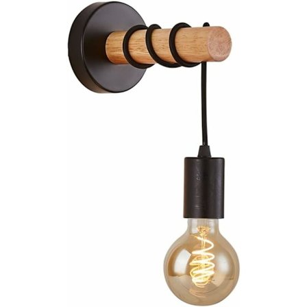 Retro væglampe i metal og træ - Vintage industriel væglampe til indendørs brug - E27 pære ikke inkluderet - Til soveværelse, stue, gang (sort)