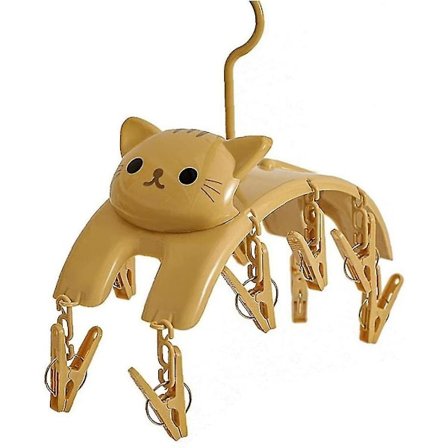 Tøjstativ med 10 Klips i Plastik - Sød Kat Tøjstativ til Undertøj, Tøj, Pladsbesparende Hængende (gul 1 stk)