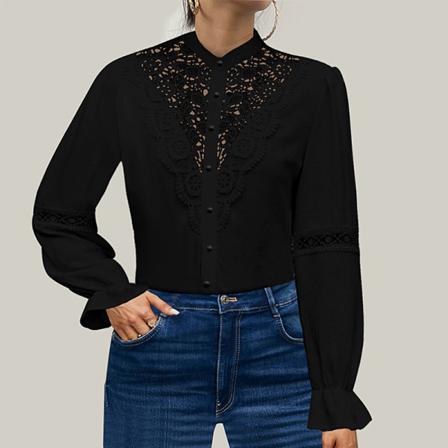 Damer Button Down Enfärgad Tunika Skjorta Spetsstickning Blus