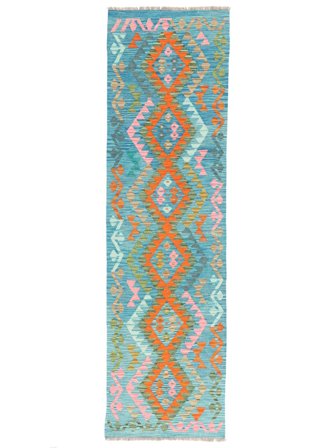 Kelim Afghan Old Style Tæppe 85X298Løber Grøn/Mørk Petrol Uld, Afghanistan