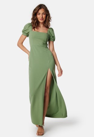 John Zack - Puff Sleeve Maxi Dress With Split - Sage Green - Kläder - - Bubbleroom
