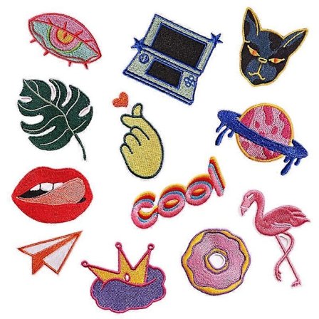 En uppsättning med 12 tecknade broderimärken söta väskor kläder accessoarer badge läppar planet badge tygmärken datorbroderi