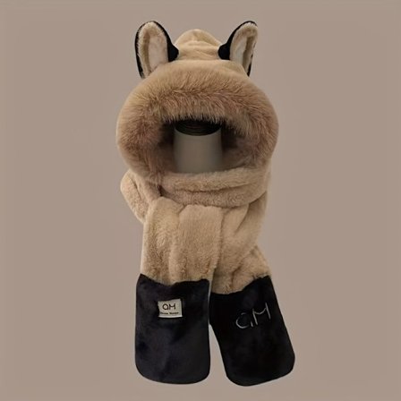 [Nyttår] 3-i-1 Vinterhette med Reveører, Skjerf og Hansker - Tykk Fuskepels, Elastisk Passform