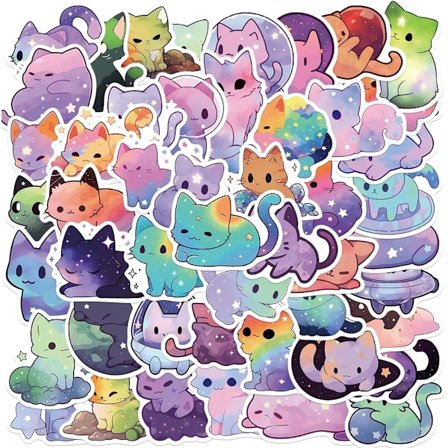 50 kpl Piirretty Sateenkaari Tähtitaivas Kissa Tarroja, Söpö Esteettinen Kissa Vedenkestäviä Tarroja, Vinyyli Tarroja Vedenpullolle