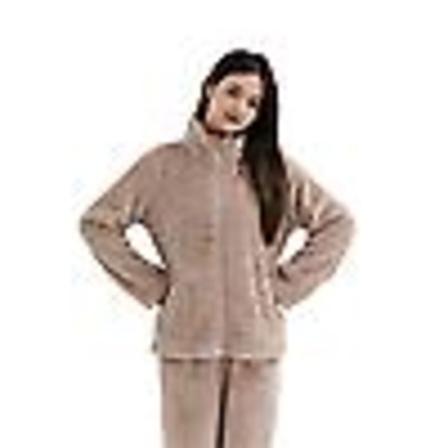 Kvinners fluffy pyjamas sett kvarts glidelås fleece 2 deler Sherpa genser bukse sett fuzzy sovetøy, lysebrun L (130 catties - 150 catties)