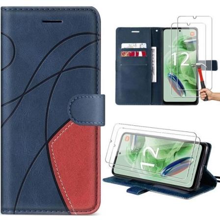 Etui til Xiaomi Redmi Note 12 5G, Navy Blue, PU-læder splejset Folio-etui med stativ + 2 hærdede briller (ikke til Redmi 12)