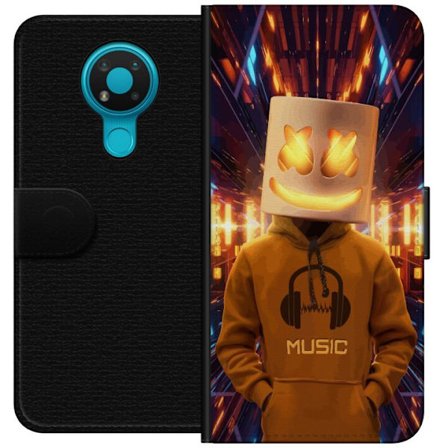 Yhteensopiva Lompakkokotelo Nokia Nokia 3.4 DJ-hahmo valaisevassa kypärässä ja hupparissa futuristisessa musiikkiympäristössä neonvalojen keskel