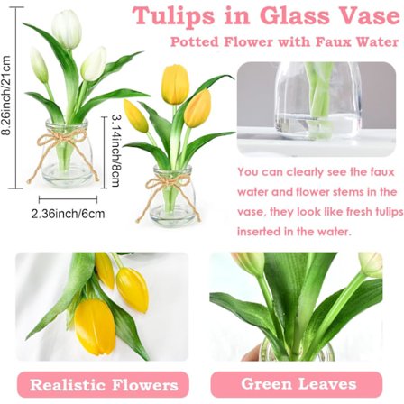 2-pack Real Touch Tulpaner i Vas med Falskt Vatten, Konstgjorda Blommor för Hemmets Mittpunkt