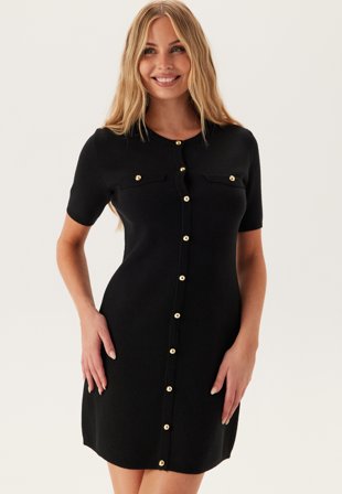 Bubbleroom - Knitted Gold Button Dress - Black - Kläder