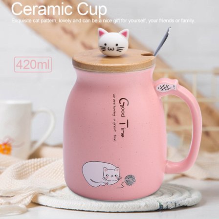 1 stk. Nydelig keramisk kattekopp med skje og lokk, kaffe, vann, melkekrus for drikkevaregave (rosa)