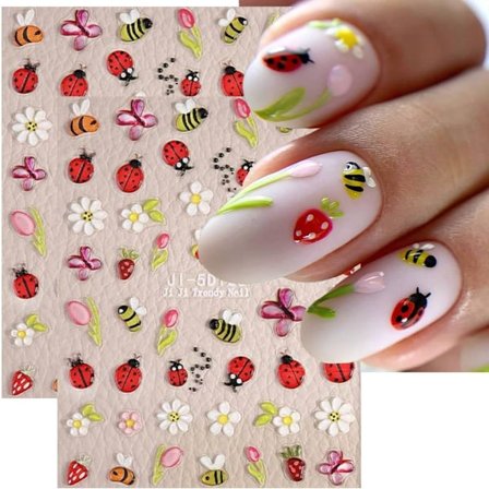 Forårsblomst Neglekunst Klistermærker Dekaler 5D Bi Blomster Negle Klistermærker 2 STK Tegneserie Mariehøne Sommerfugl Design Selvklæbende Negle 
