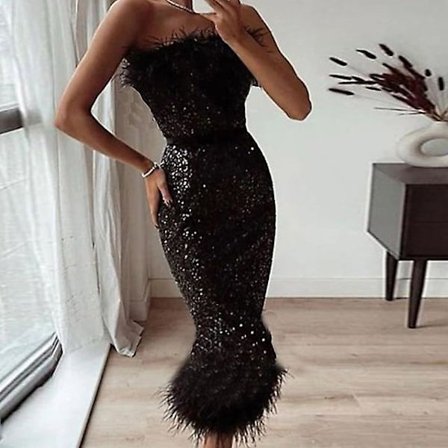 Naisten puolipukeutuva juhla mekko paljettimekko höyhenmekko midimekko mustavalkoinen hihaton puku tanssiaismekko Musta